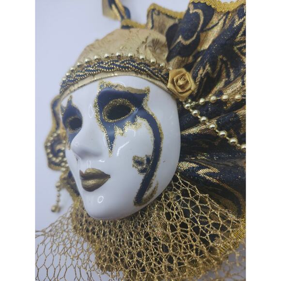 Vintage Venetian Jester Wall Mask Gold Black Porcelain Face Masquerade Decor - Picture 7 of 10